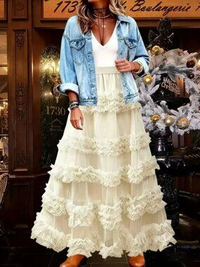 NEW! BOHO Tulle LAYERED Motif TIERED MAXI SKIRT SZ L